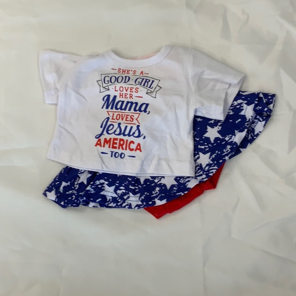 White Graphic Tee and Blue Star Skirt Set